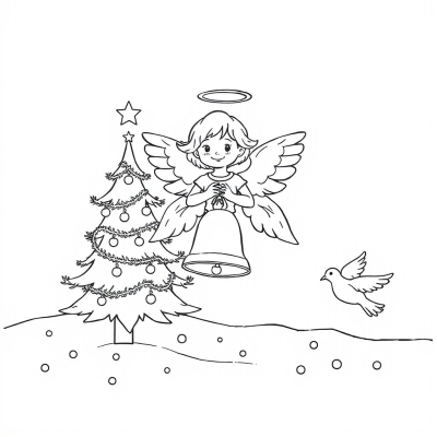 Angel with Christmas Tree, Bell, and Doves