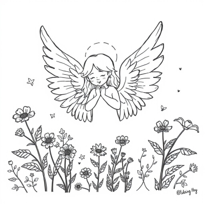 Angel with Beautiful Wings and Flowers