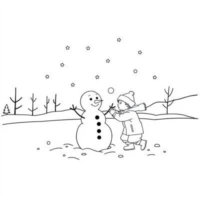 Boy Builds a Snowman and Plays Snowball Fight