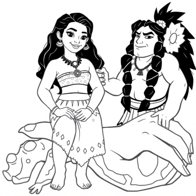 Moana and Maui on the Hand of Te Fiti