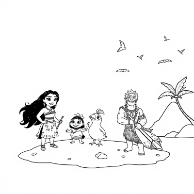 Moana, Maui, Pua and Heihei on the Island