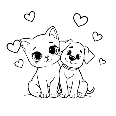 Kitty and Puppy with Hearts