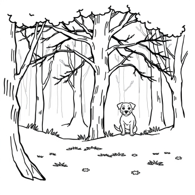 Dog in the Forest by a Tree