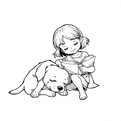 Dog Sleeping While Girl Reads a Book