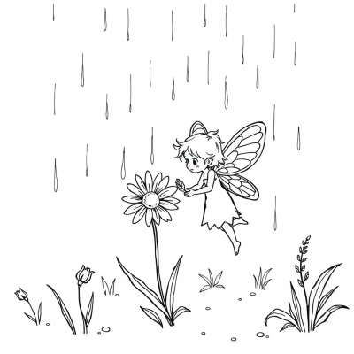 Fairy with a Daisy in the Rain