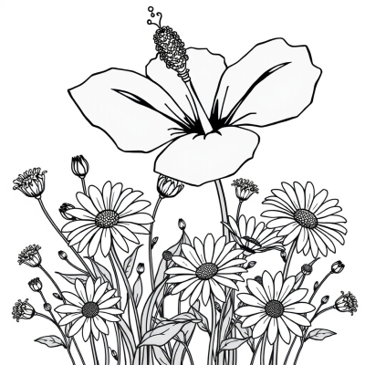 Hibiscus and Daisies with Wildflowers