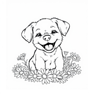 Puppy Laughing in Daisies