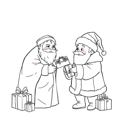 Ded Moroz with a Boy Giving Gifts