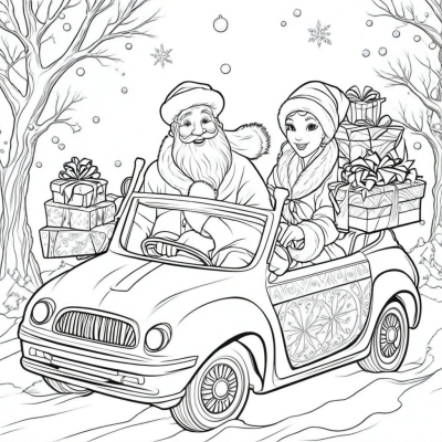 Santa Claus and Snow Maiden in a Car with Gifts