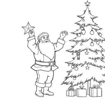 Santa Claus Hanging a Star on the Tree