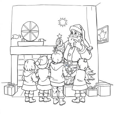 Santa Claus Watching Children Decorate the Tree