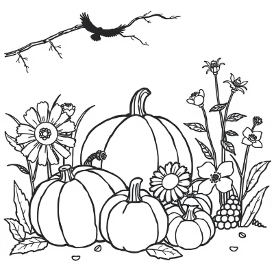 Pumpkins and Flowers in Autumn