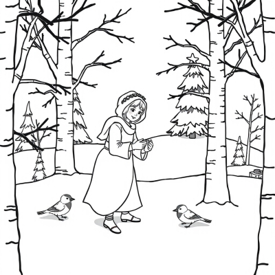 Snow Maiden Feeding Birds in the Forest