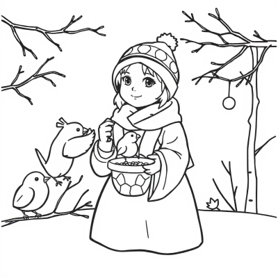 Snow Maiden Feeds Birds