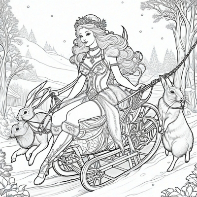 Snegurochka Riding in a Sleigh with Bunnies