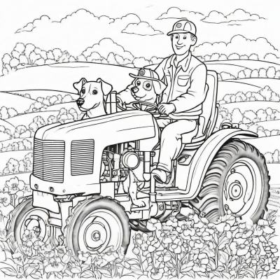 Tractor Driver with Dog on Tractor