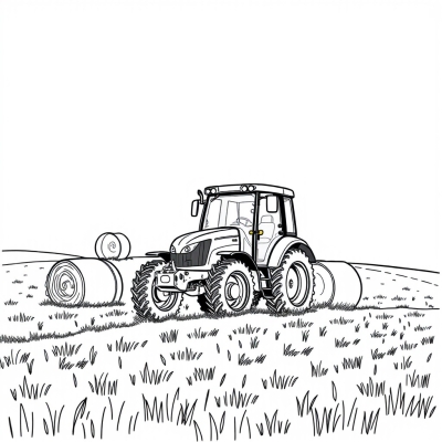 Tractor in a Field with Hay Bales