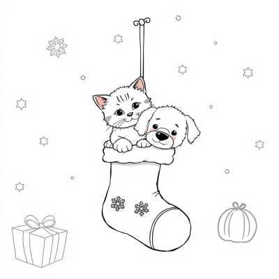 Christmas Stocking with Kitten and Puppy