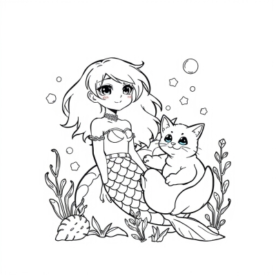 Anime Mermaid with a Cat