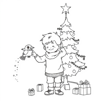 Boy with a Bird Decorates the Christmas Tree