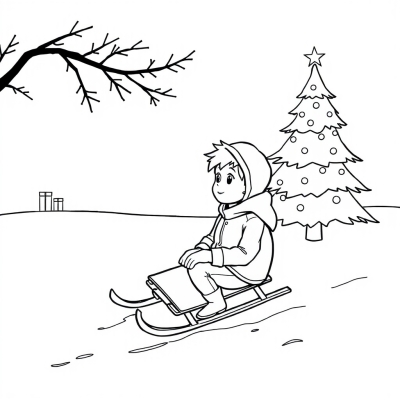 Boy on a Sled by the Christmas Tree