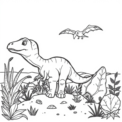 Cartoon Brontosaurus and Pterodactyl