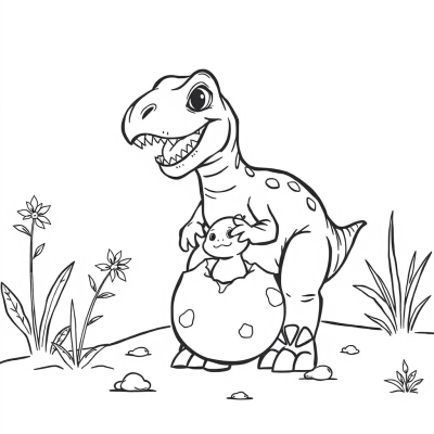 Cartoon Fierce Dinosaur and Hatching Egg