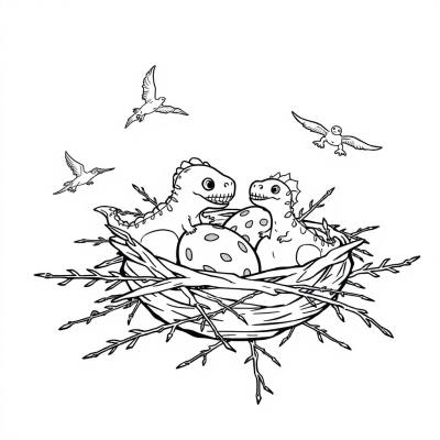 Cartoon Nest with Dinosaur Eggs