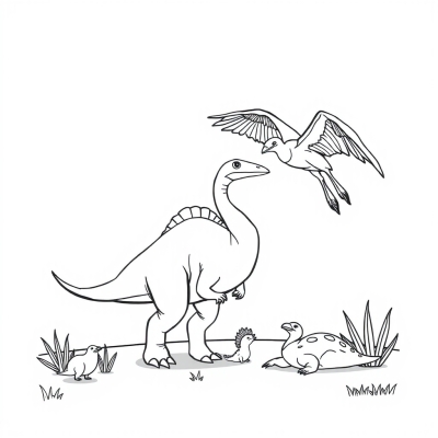 Cartoon Plesiosaur and Pterodactyl