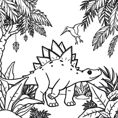 Cartoon Stegosaurus and Pterodactyl