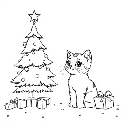 Cute Kitten by the Christmas Tree