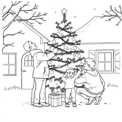 Dad and Son Decorating the Christmas Tree in the Yard