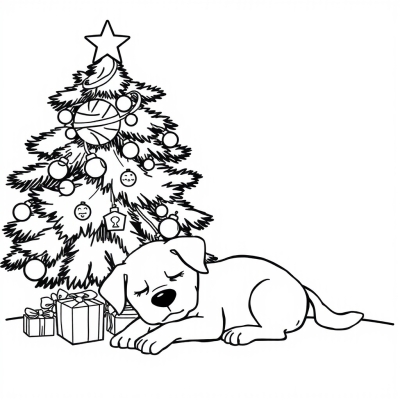 A Dog Sweetly Sleeping by the Festive Tree