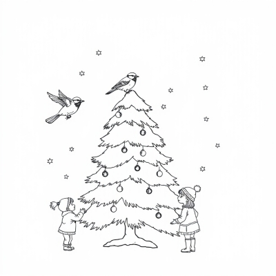 A Flock of Birds on a Christmas Tree and Children