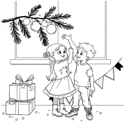 Girl and Boy Decorating the Christmas Tree