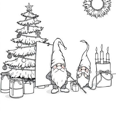Gnomes Decorating the Christmas Tree with Ornaments and Candles