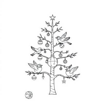 New Year Tree with Ornaments and Birds