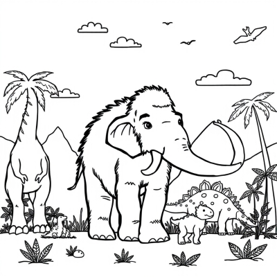 Prehistoric Fluffy Mammoth and Dinosaurs