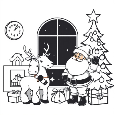 Santa and Reindeer Decorating the Tree