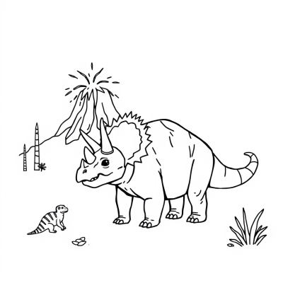 Triceratops Next to a Volcano