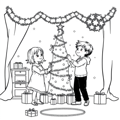 Two Girls and a Boy Decorating the Christmas Tree
