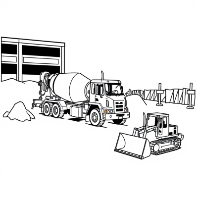 Concrete Mixer, Excavator, and Bulldozer on Construction Site