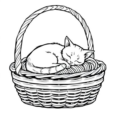 Спящая кошка в корзине с пряжей