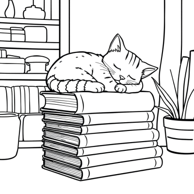 Кот дремлет на стопке книг