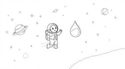 Космонавт играет с летающей каплей воды