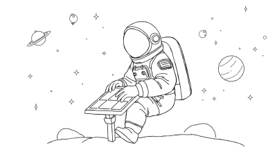 Астронавт работает с солнечной панелью