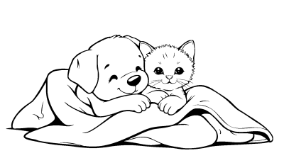 Щенок и котёнок делят плед