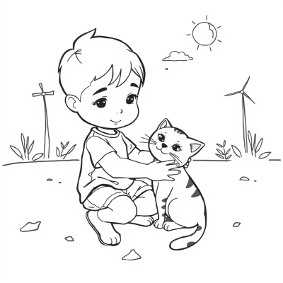 Boy Petting a Cat
