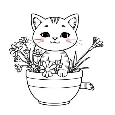 Cat and Daisies in a Pot
