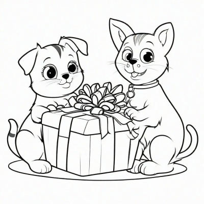 Cat and Dog Open a Gift